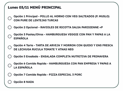 Selección de viandas por formulario